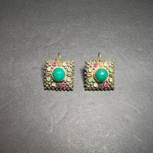 Beautiful Vintage Rhinestone & Stud Embellished Brass Square Jacket Earrings